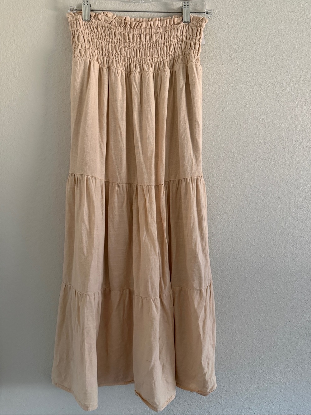 Wild Fox Maxi Skirt Beige Smocked Elastic Waist tiered Linen Blend